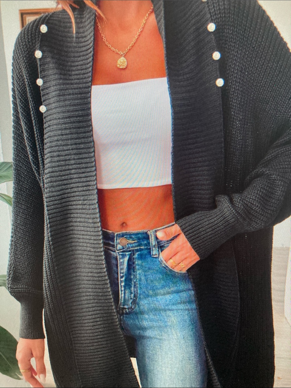 Black Open-Front Pearl-Trim Cardigan Sweater